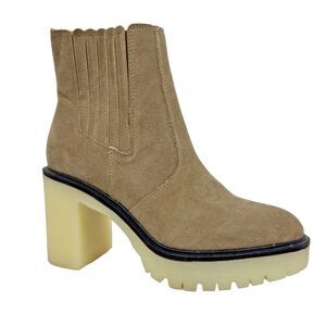 Oasis Society Boots Women's 7.5 Anastasia Tan Beige Side Zip Lug Sole Block Heel